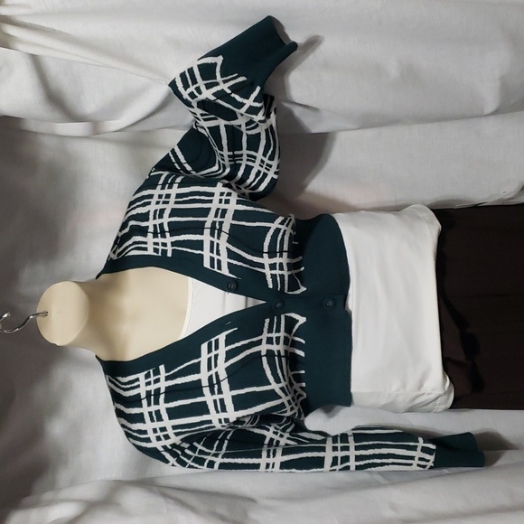 BCBGeneration. NWT. Green & White; Long Sleeves; Buttons; Crop; Sweater..Size L. - Picture 1 of 16